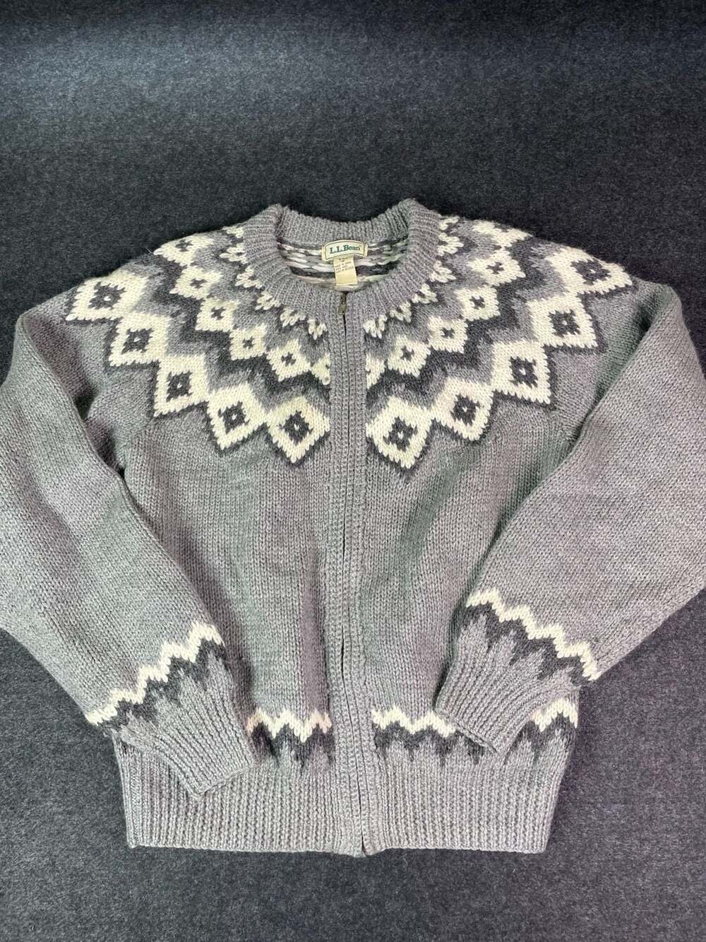 L.L. Bean Nordic Zip Cardigan Size M Grey Wool Fair Isle Sweater